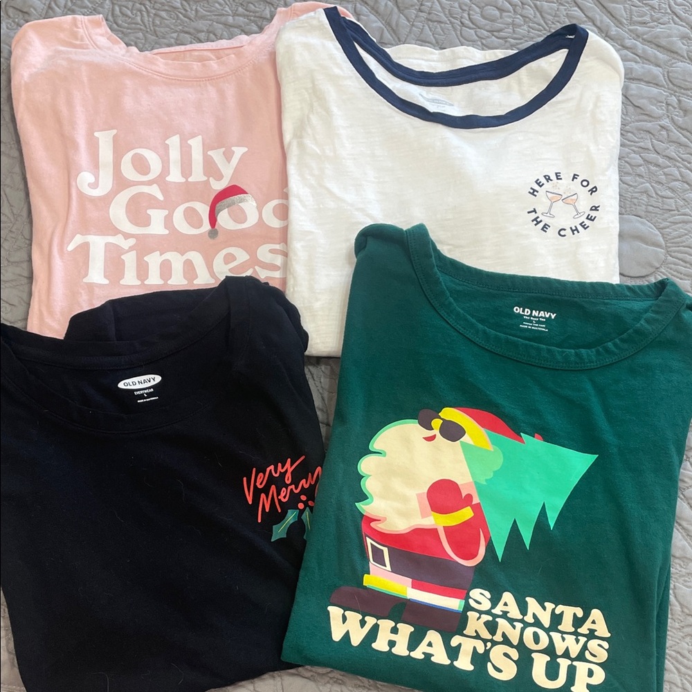 Set of Old Navy Festive Graphic T-Shirts - Pink, White, Black, Green